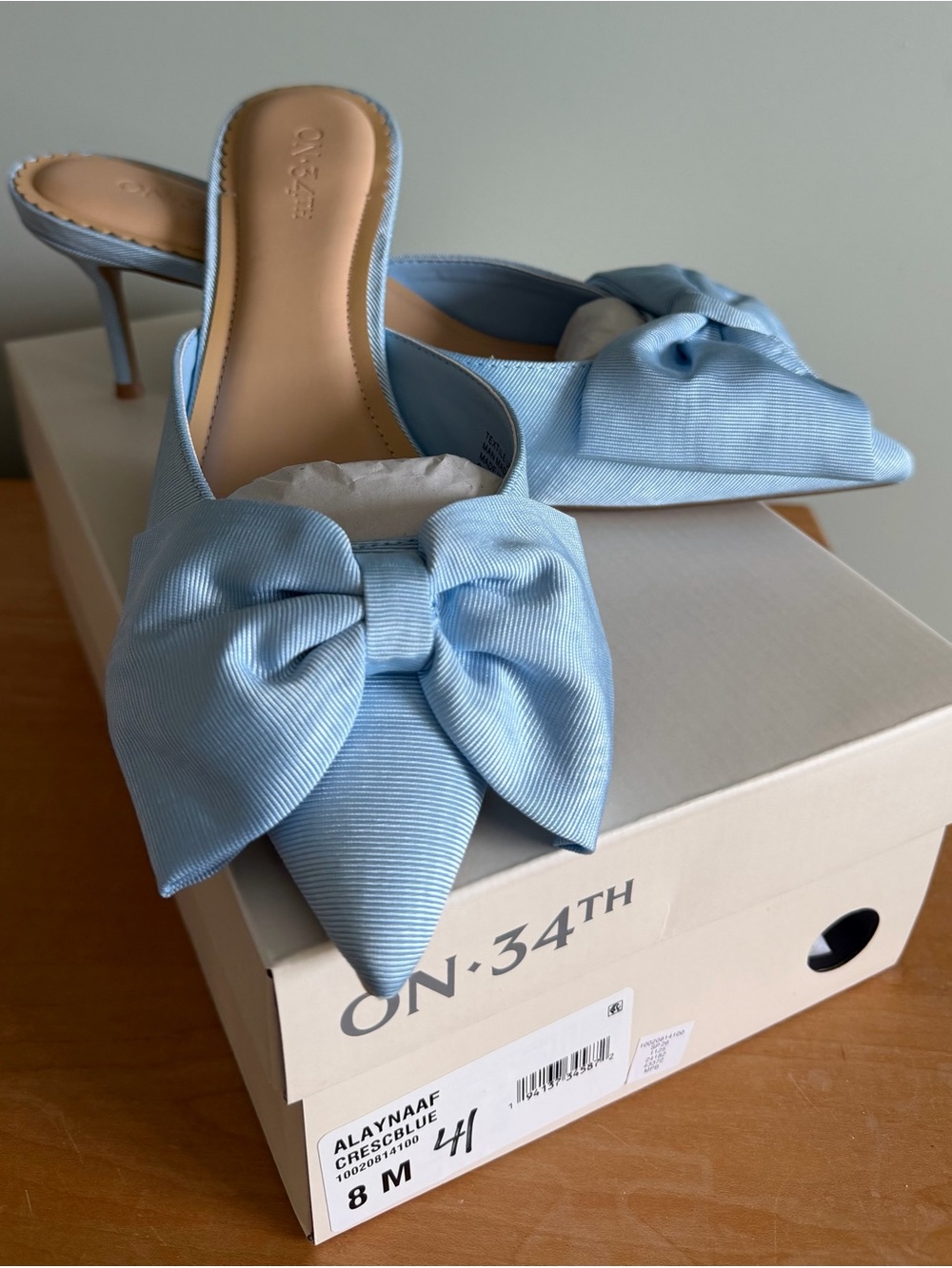 ON 34th Light Blue Bow Pointed Toe Mules